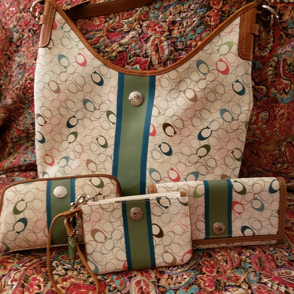 3 piece Coach set Chelsea stripe hobo bag